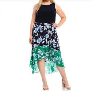 Jessica Howard Plus Size Green Blue Crew Neck Sleeveless Floral High-Low Dress